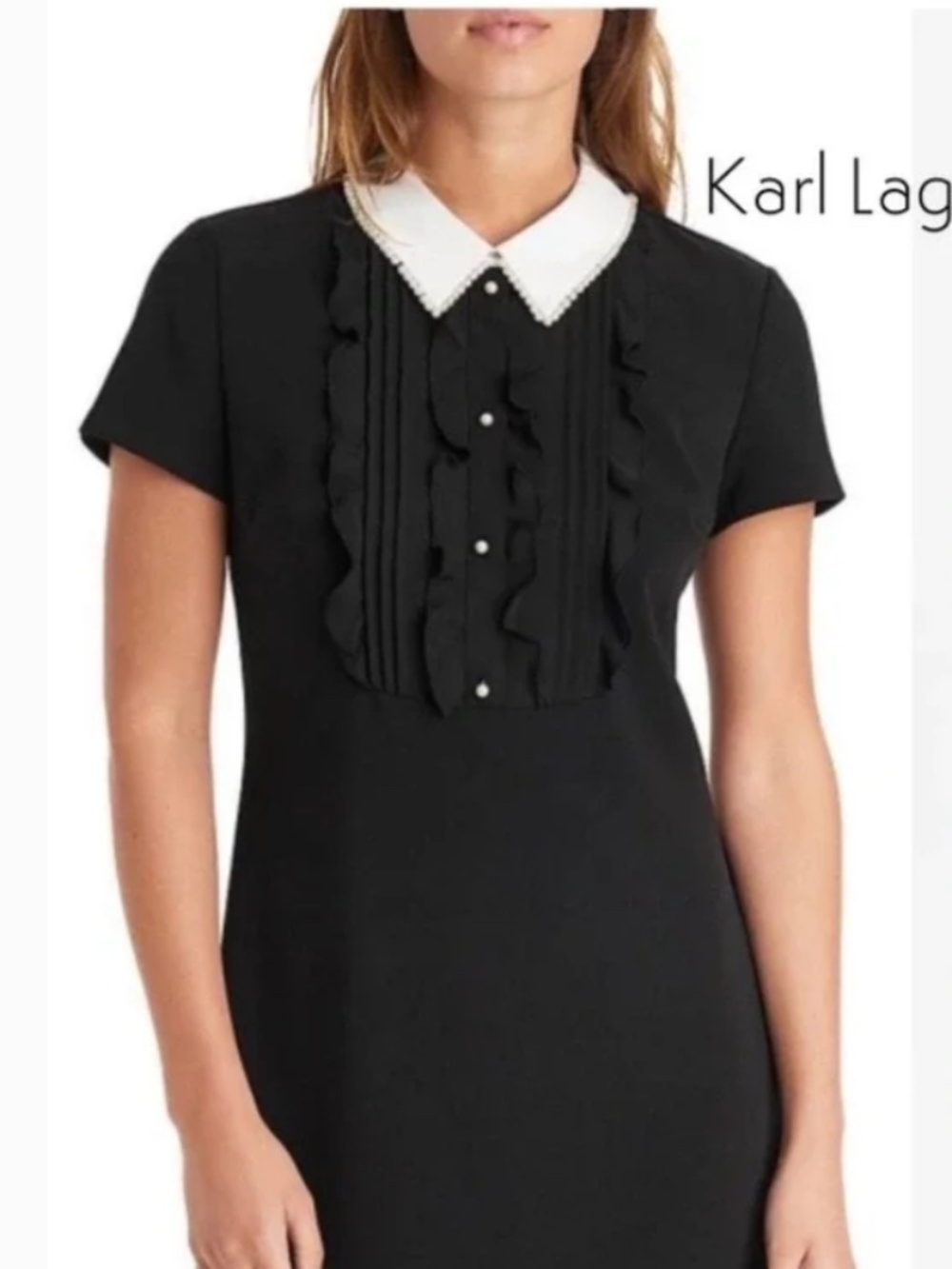 Karl Lagerfeld Paris Ruffle Bib Black Faux Pearl Collar Sheath Dress Womens sz 8